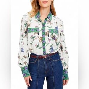 LOFT Pheasant Floral‎ Paisley Crepe Pocket Shirt Large Button Down Boho Chic
